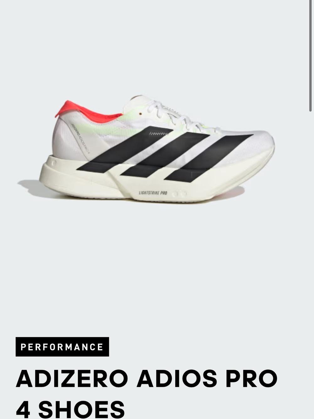 adidas Adizero Adios Pro 4 Women’s Running Shoes - White/Black/Coral
